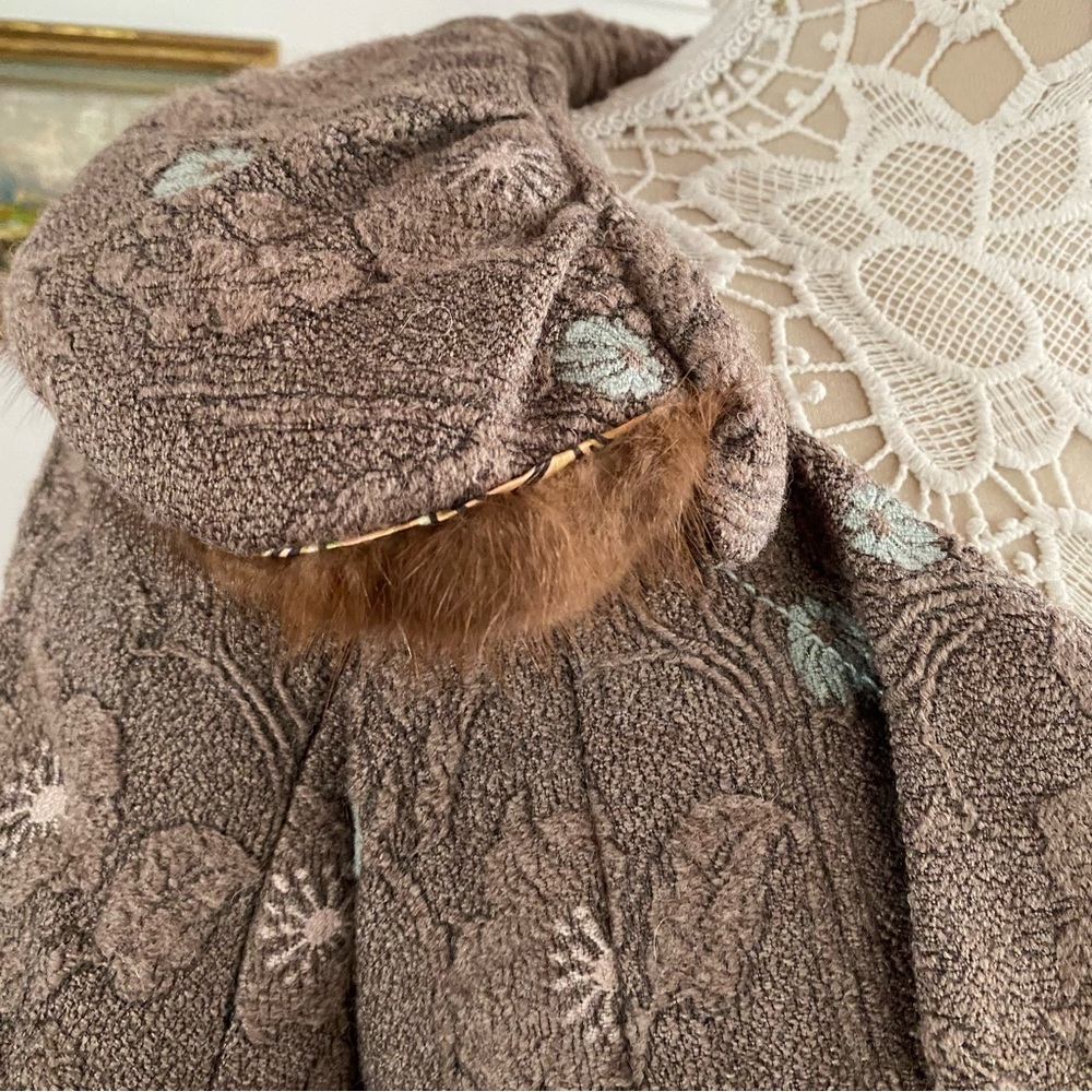 HANII Y Wool Blend Brown Embroidered Jacket Blazer Fur Collar - Picture 6 of 8
